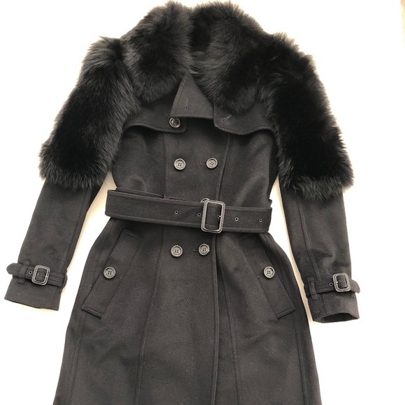 Burberry Prorsum Black Wool-Cashmere Coat with Blue Fox Fur Collar Size IT 38 - Picture 6 of 12